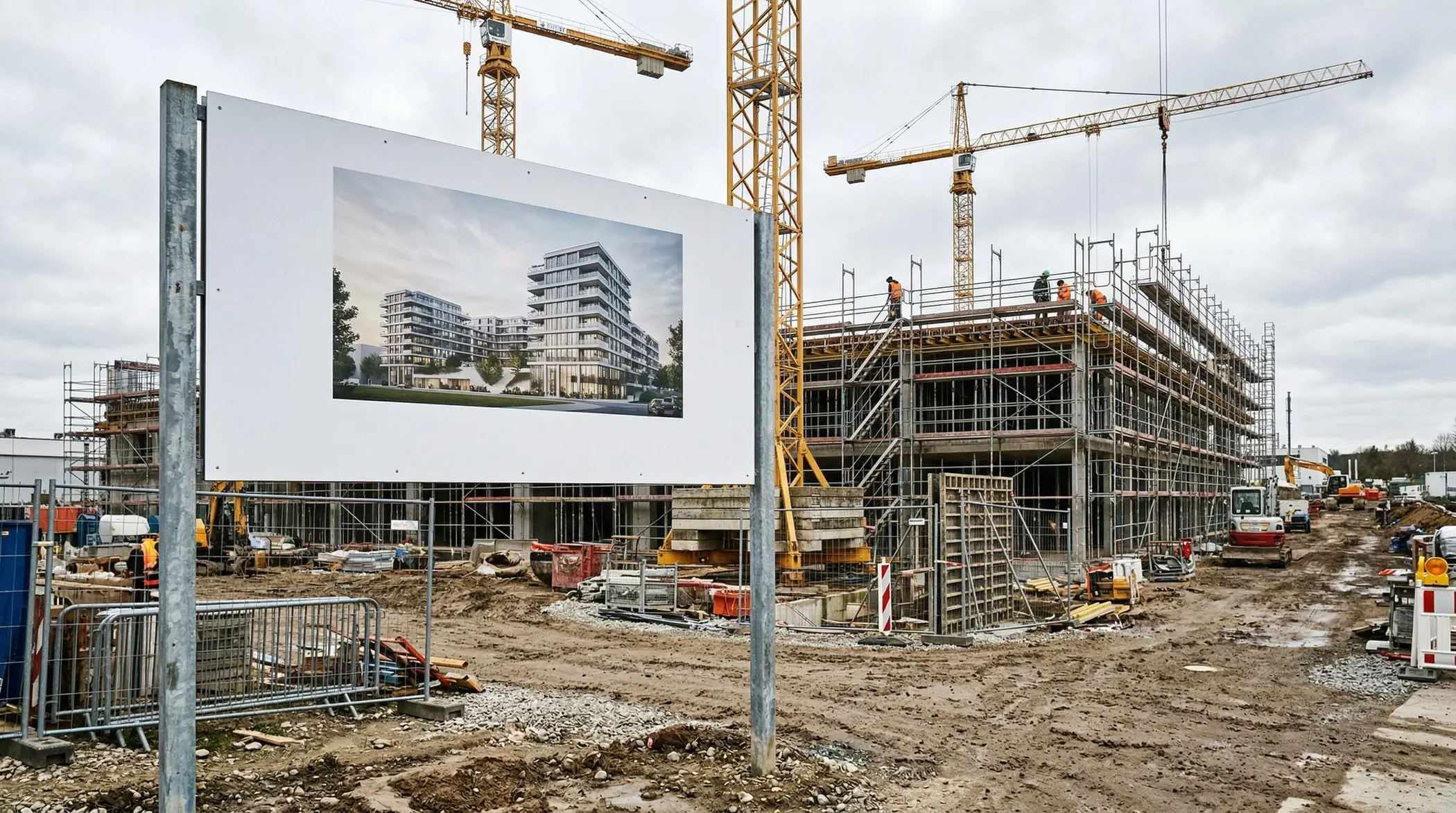 Werbetechnik Dümpel - Augsburg | Baustelle-Kräne-Gerüstbau-Gebäude-Projekt-zeichnen-architektonische-Rendering-gewerbliche-Entwicklung.