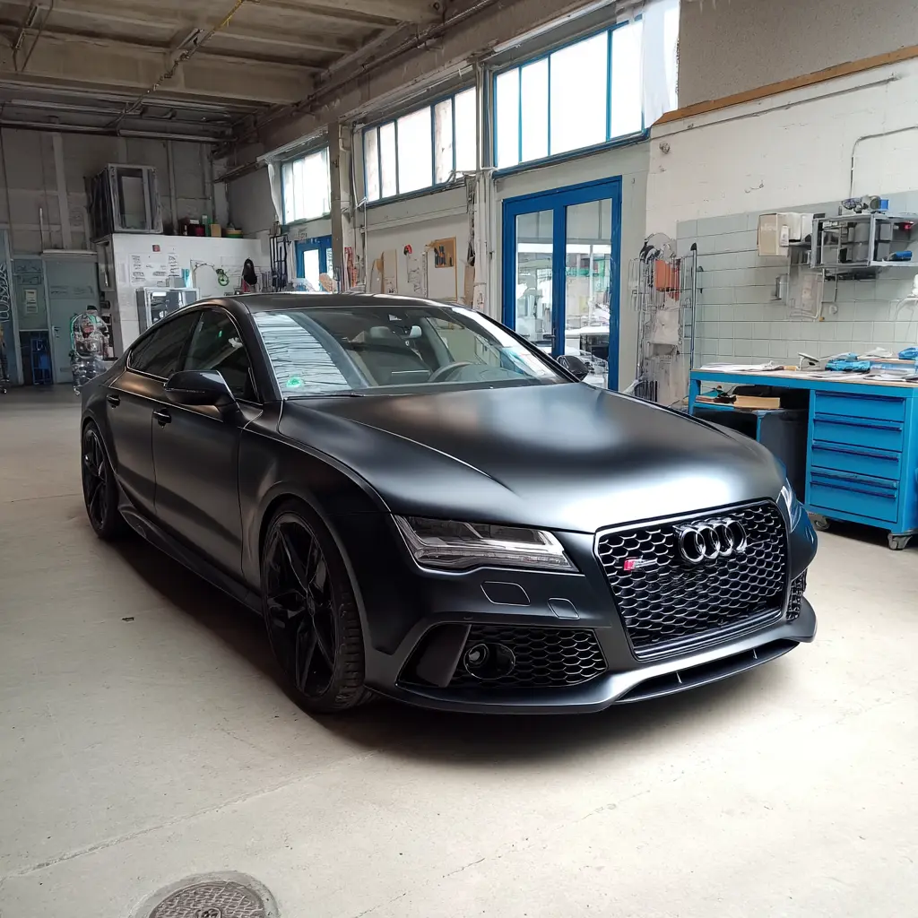 Werbetechnik Dümpel - Augsburg | Mattschwarzer Audi RS7 - Luxussportwagen in der Garage - blaue Türen - Werkbänke - Kfz-Werkzeuge - geräumige, gut beleuchtete Autowerkstatt.