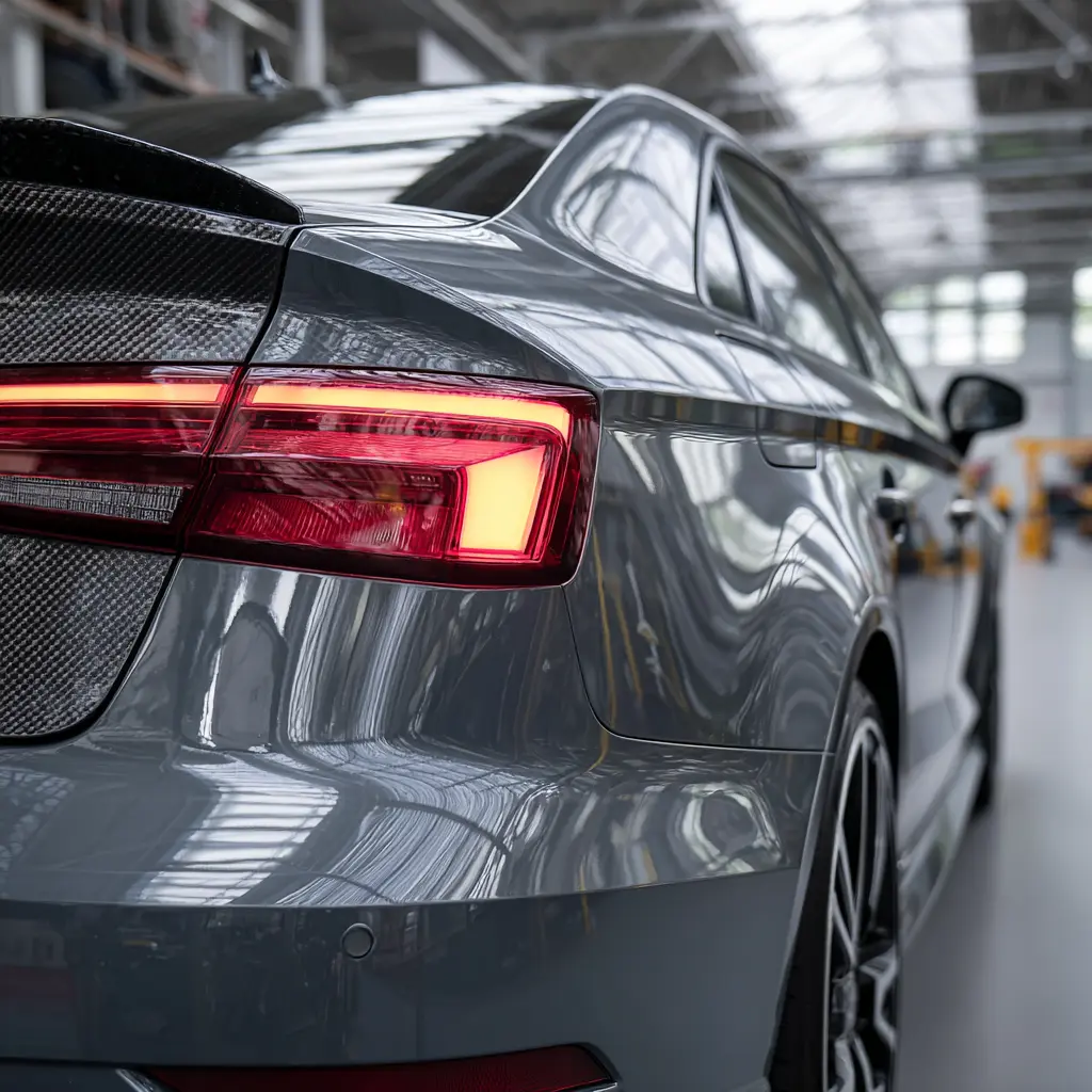 Werbetechnik Dümpel - Augsburg | Graue-Auto-Schlussleuchte-verkleinert-modernes-Automobil-Rücklicht-Fahrzeuginspektion-LED-Schlusslicht-Autoservice.