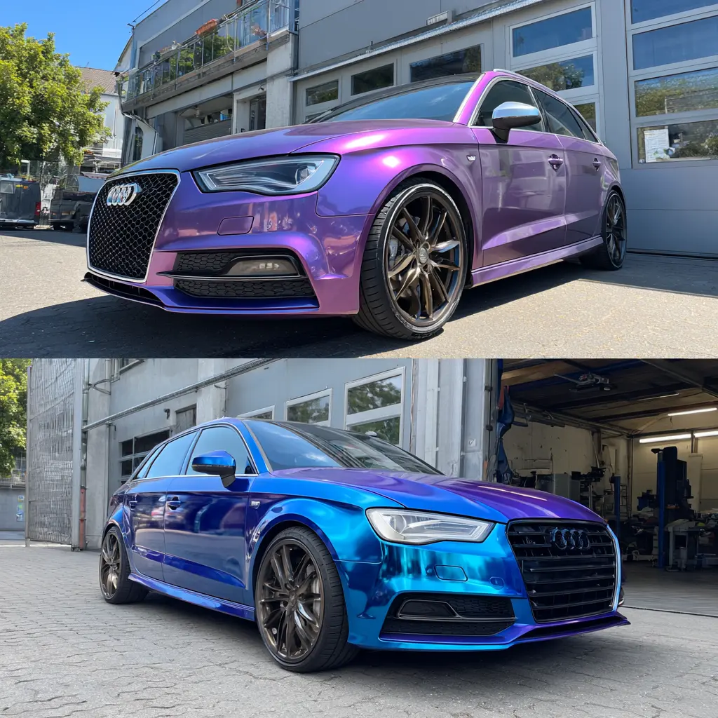Werbetechnik Dümpel - Augsburg | Audi Heckklappe verchromt - violett und blau verchromt - außerhalb der Garage geparkt - individuelle Fahrzeugverklebung - Audi Farboptionen.