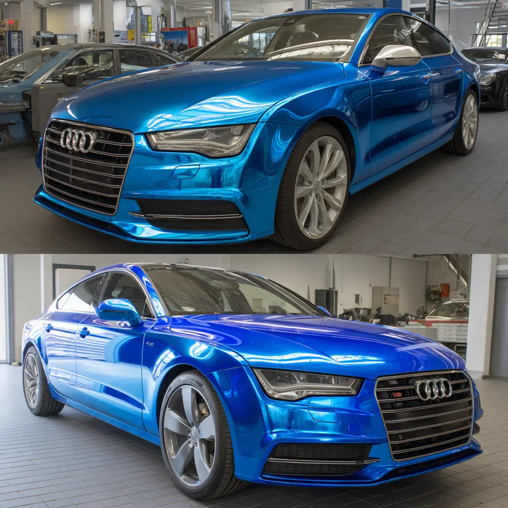 Werbetechnik Dümpel - Augsburg | Blaue Audi-Limousinen - geparkt in der Garage - Werkstatt - Luxusautos - Fahrzeugbeleuchtung - Audi Fahrzeuge Showroom.
