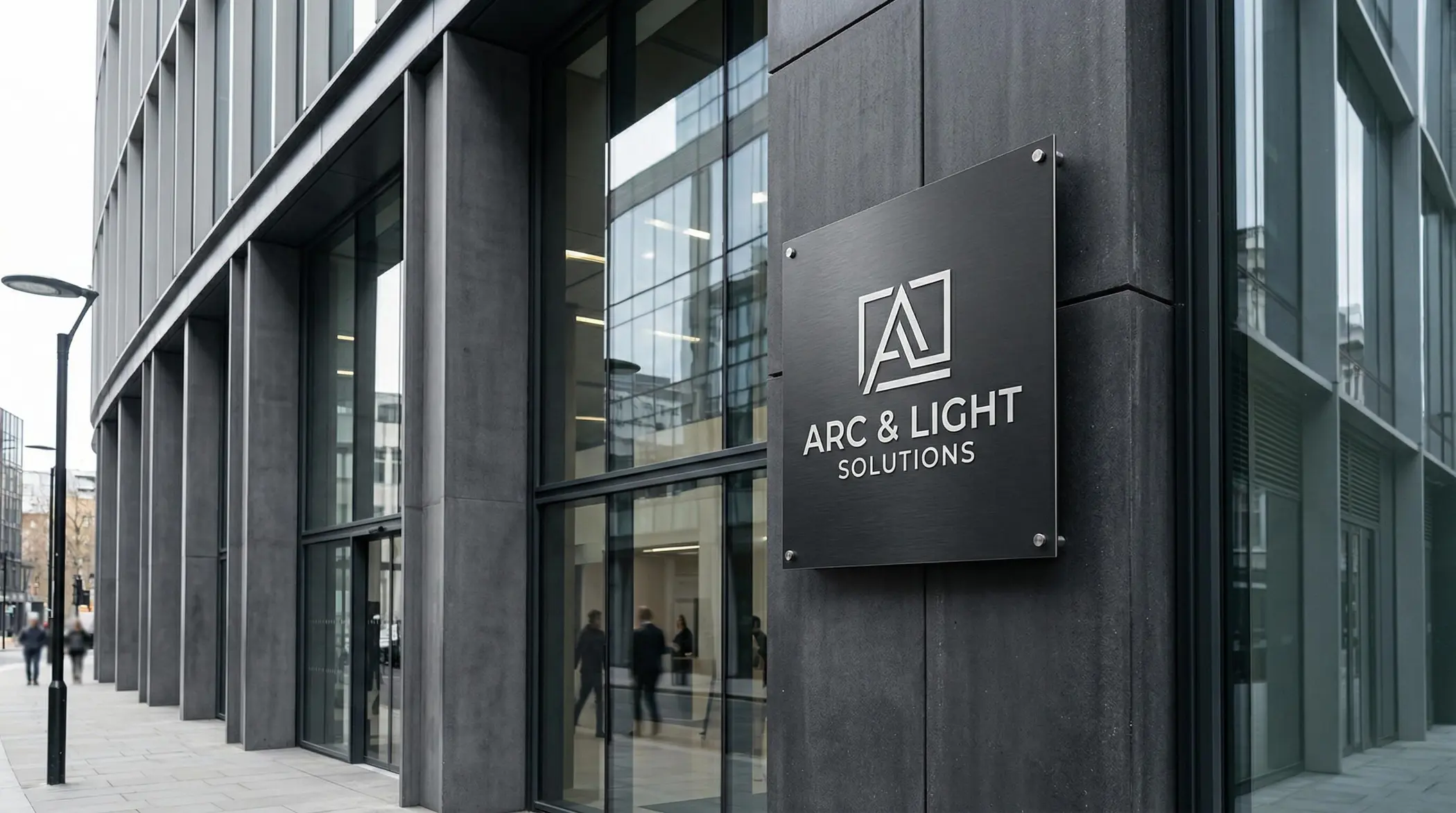 Werbetechnik Dümpel - Augsburg | Modernes Bürogebäude - Glasfenster - Arc & Light Solutions Zeichen - kommerzielle Architektur - Menschen im Büro sichtbar.