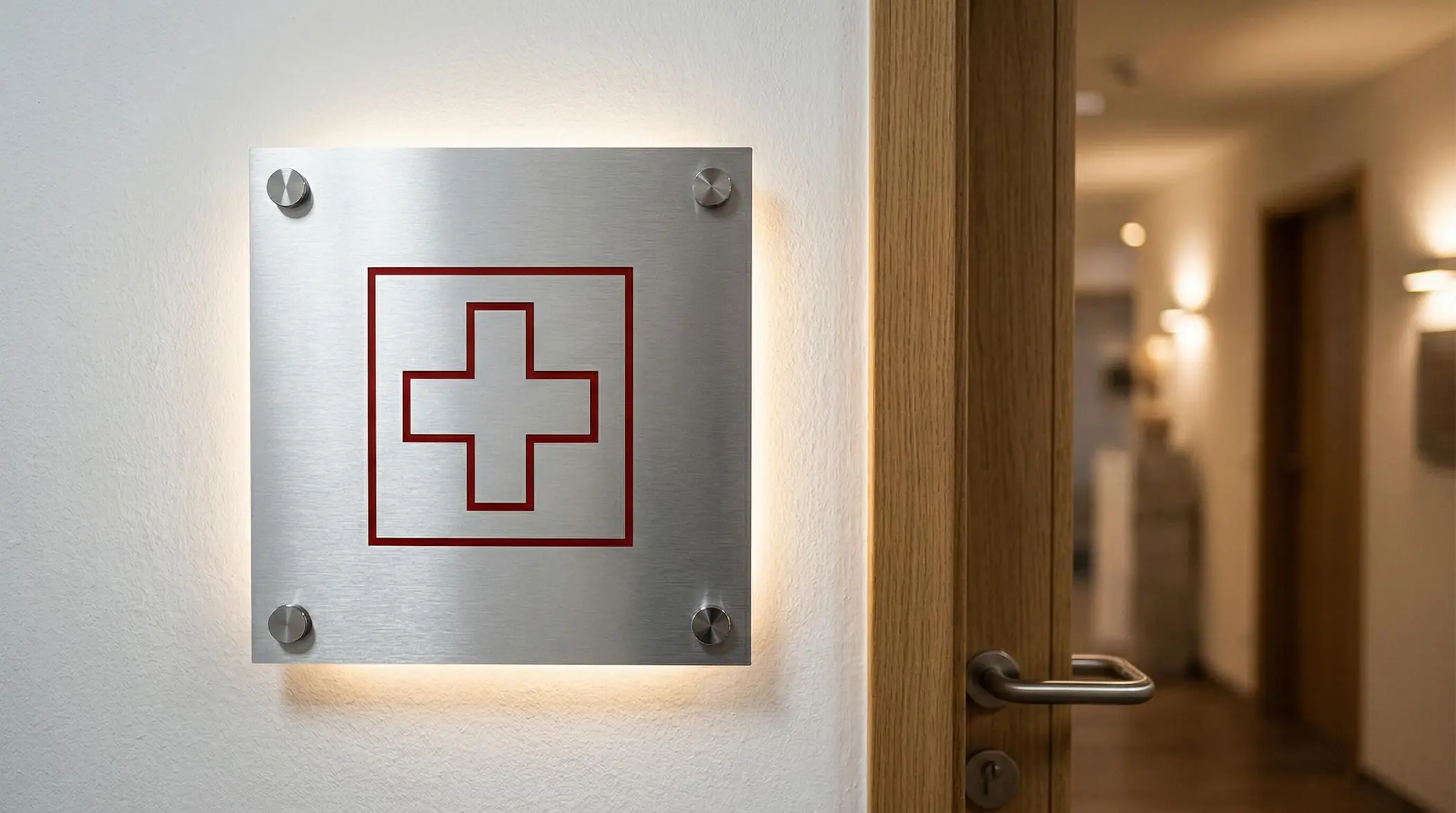 Werbetechnik Dümpel - Augsburg | Medizinische Klinik Zeichen - rotes Kreuz - weiße Wand - Holztür - Gesundheitseinrichtung Eingang.