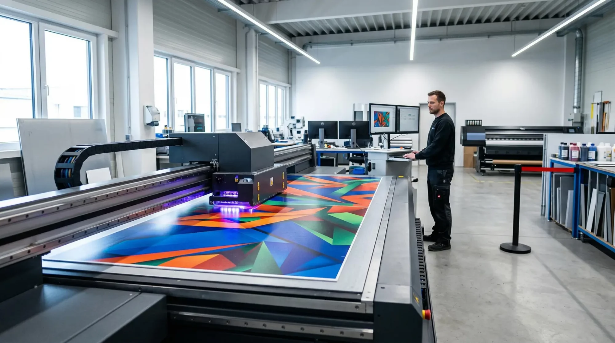 Werbetechnik Dümpel - Augsburg | Industriedrucker - Großformatdruck - farbenfrohes geometrisches Design - moderne Druckerei - kommerzielle Druckdienstleistungen.