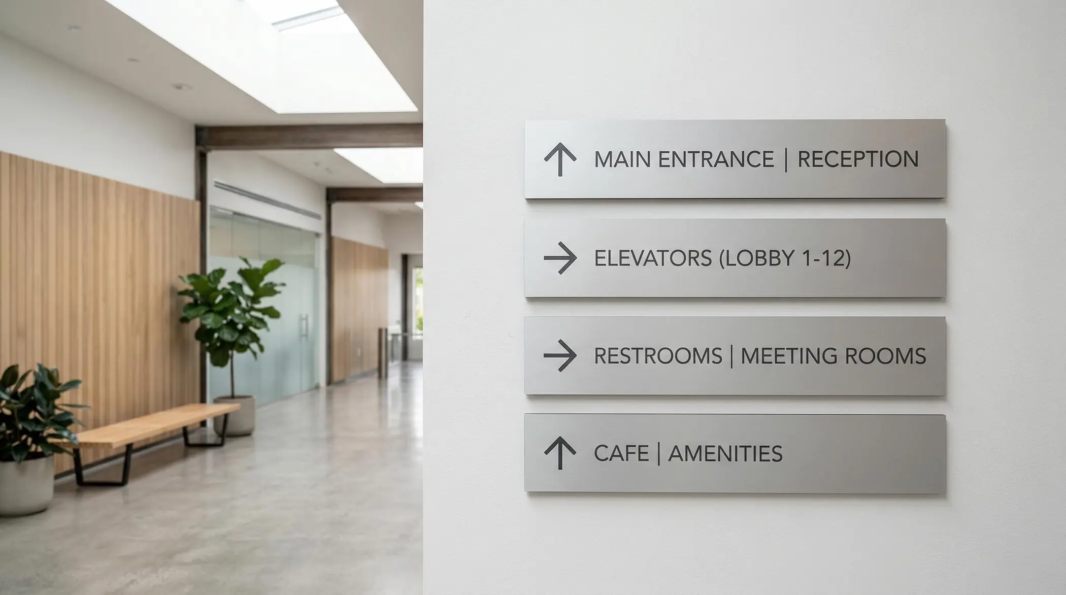 Werbetechnik Dümpel - Augsburg | Moderne Flurschilder-Haupteingang-Empfang-Aufzüge-Ruheräume-Sitzungsräume-Café-Annehmlichkeiten-Gebäudenavigation.