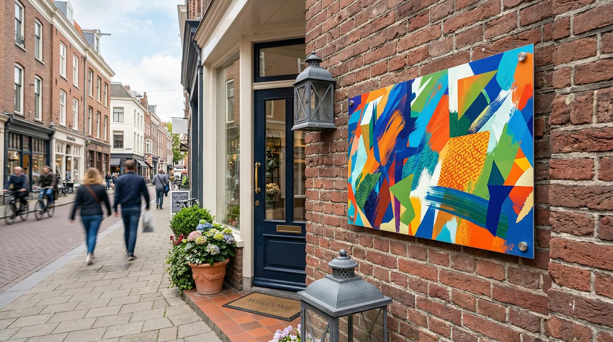 Werbetechnik Dümpel - Augsburg | Bunte abstrakte Malerei - Backstein Wand Kunst - Geschäft außen - Fußgängerzone Straßenszene - städtischen Dekor - Topfpflanzen.